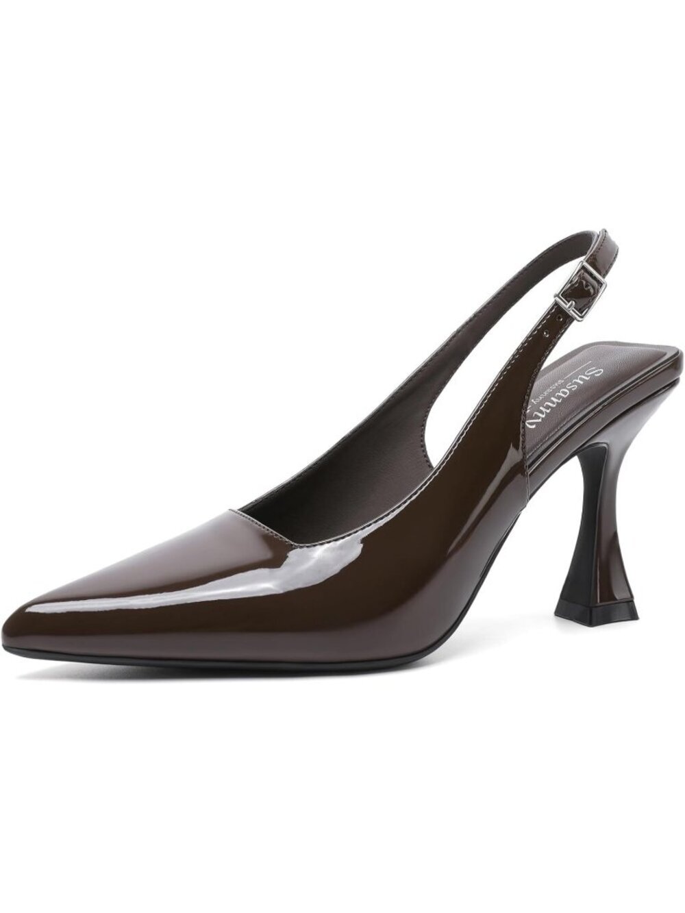 Women Patent Chocolate Slingback Kitten Pump Closed Pointy Toe Chunky Heel Shoes